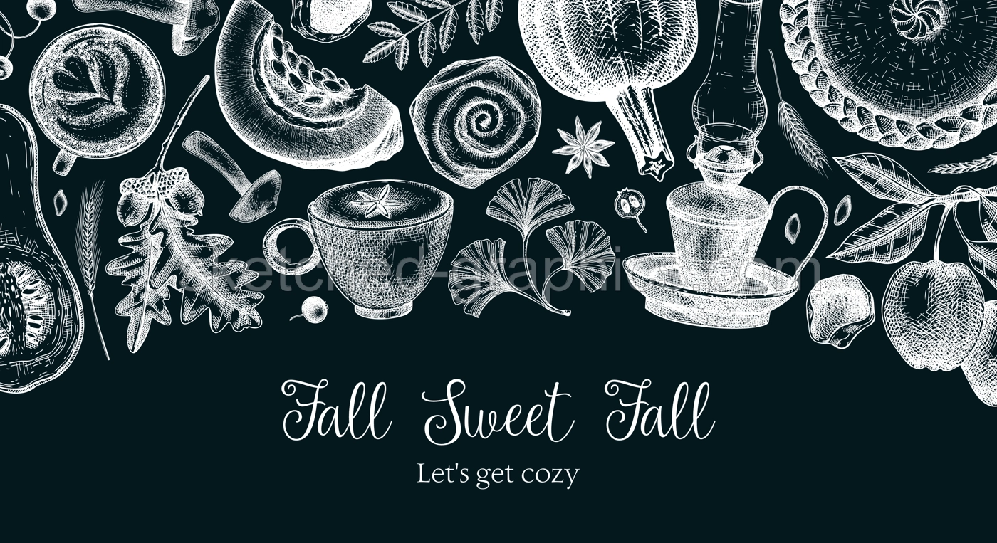 Vintage autumn banner design template. Hand-drawn vector illustration on chalkboard. Pumpkin, hot drink, fruit, pie, pastry, fall leaves sketches. Thanksgiving background  Illustration